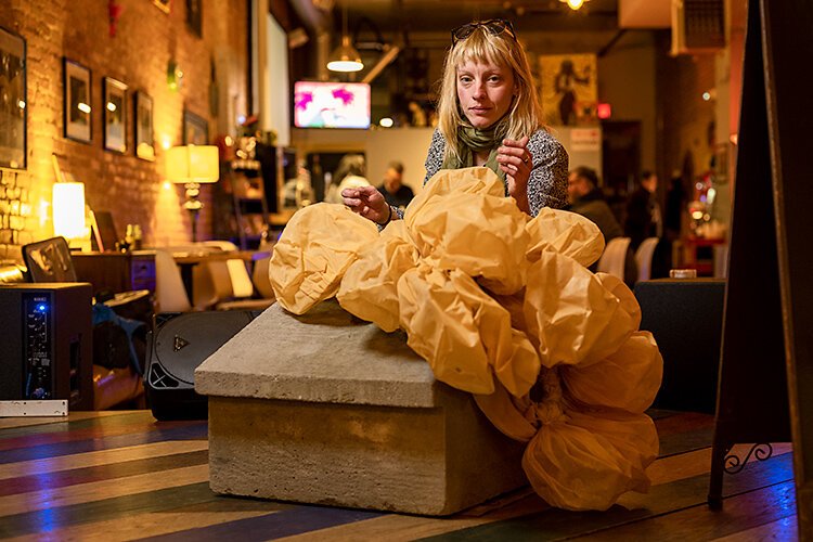 Ypsilanti Art Incubator's Alexa Dietz with her sculpture "Monopoly" at Ziggy's.