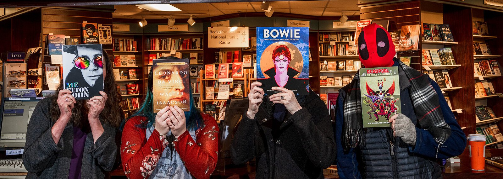 Employees Mary McDonald, Kate Lumkoski, Meagen Kucaj, and Jack Gillard at Nicola's Books.