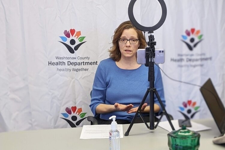 Washtenaw County Health Department Communications Manager Susan Ringler-Cerniglia gives a virtual media interview on Friday, March 13, to discuss the first two positive COVID-19 cases in Washtenaw County. 