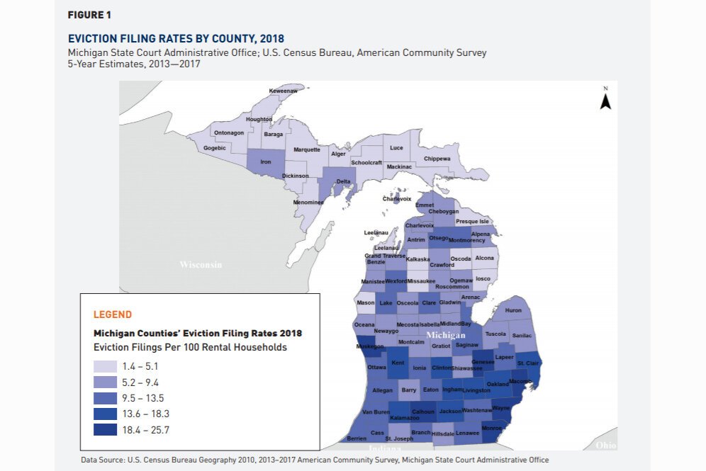 A map of Michigan eviction filing rates.