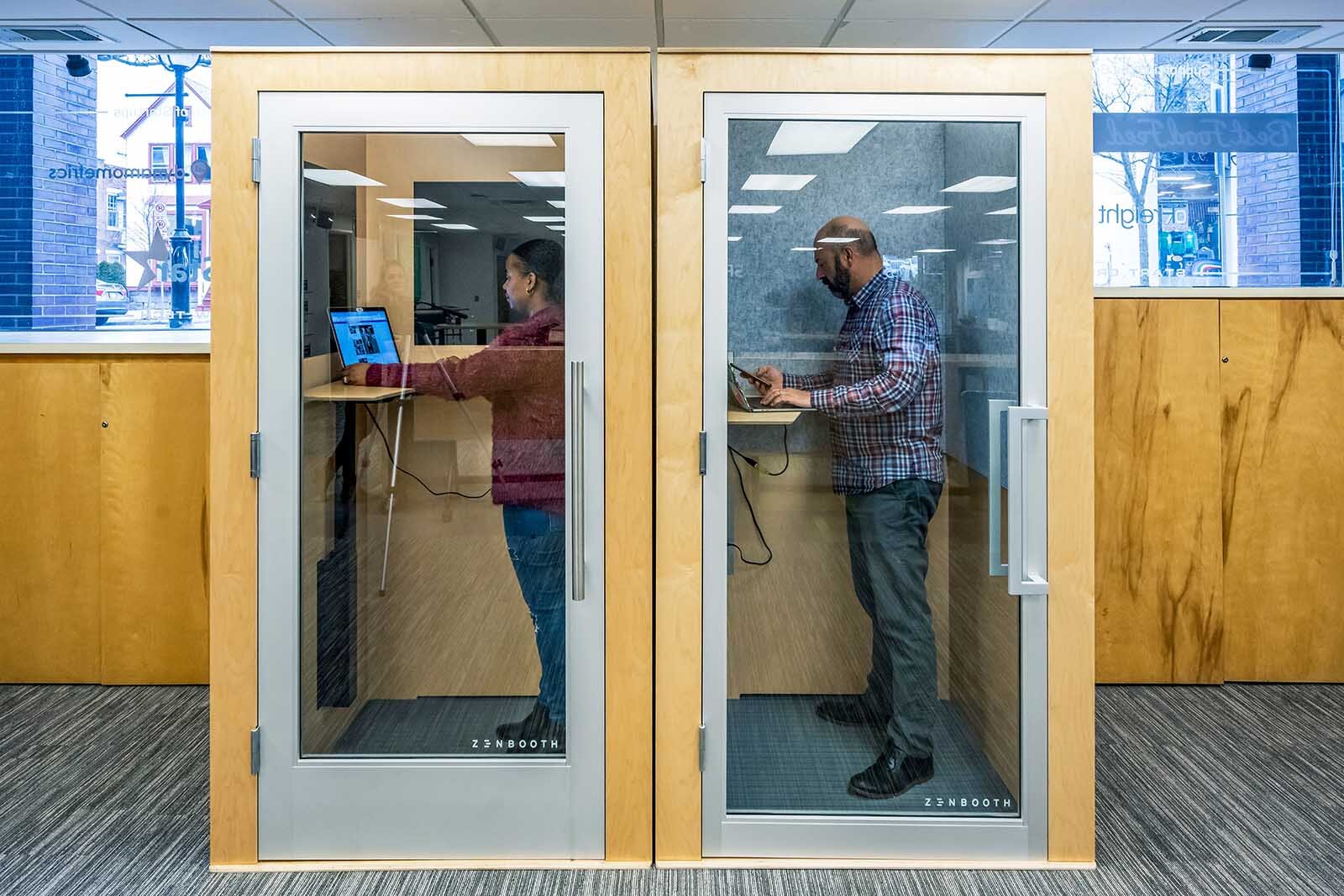 Ann Arbor SPARK's incubator spaces will be adjusted to meet social distancing guidelines when SPARK facilities reopen, including blocking off use of telephone booths. 