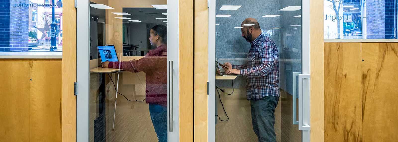 Ann Arbor SPARK's incubator spaces will be adjusted to meet social distancing guidelines when SPARK facilities reopen, including blocking off use of telephone booths. 