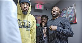 Sam Watson, Chris Ekpiken, and Jamall Bufford during a studio session for "Formula 734."