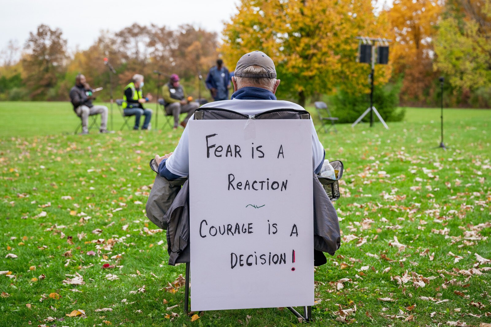 An attendee's sign at the event.