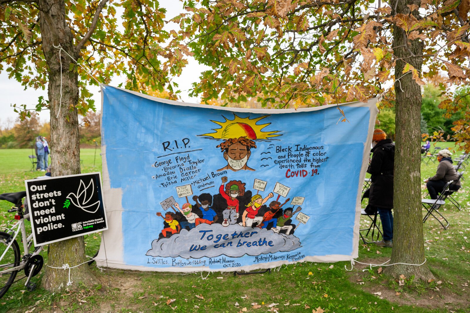 "Together We Can Breathe," created by Ypsilanti student artists Kemarie Cole, Makayla McKinney, Rahimat Monsur, and Bre Yon Scribbling with artist advisors Lynne Settles, Kamron Reynolds, and Trevor Stone.