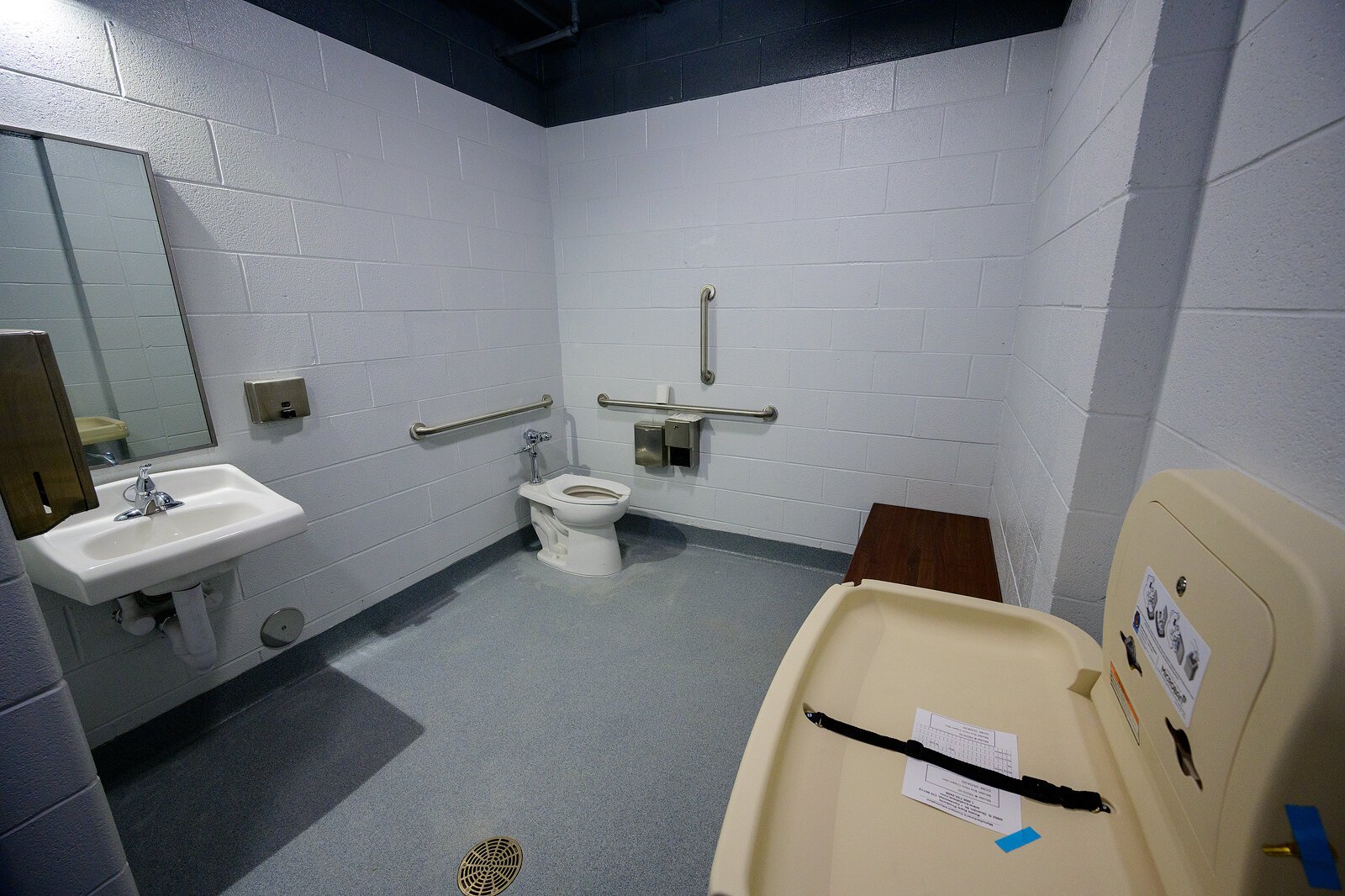 An ADA compliant family changing room at the Rutherford Pool bath house.