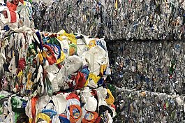 Bales of recycled plastics.
