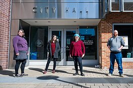 Jess Letaw, Molly Kleinman, Michelle Hughes, and Jarod Malestein of the Ann Arbor AF podcast at Larcom City Hall.