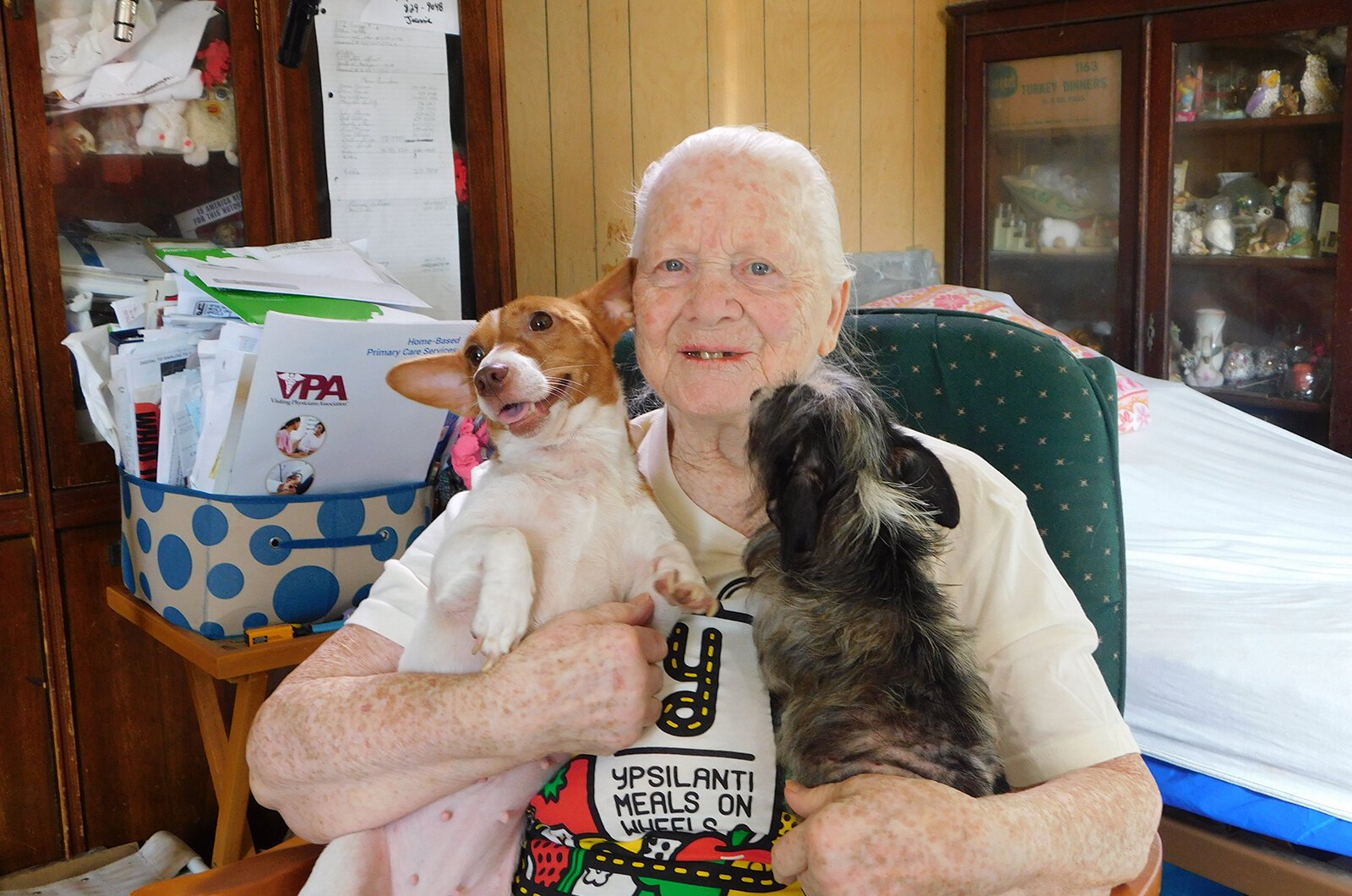 YMOW client Marilyn with her dogs, Trixie and Lacey.