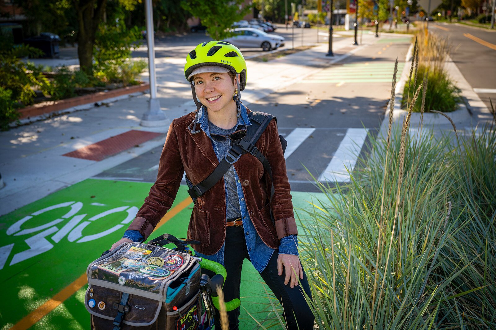 Jade Marks riding her bike on the South First Street bike lane in Ann Arbor.