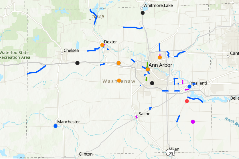 A map of projects for which the Washtenaw Area Transportation Study has requested 2024-2026 Transportation Improvement Program funding.