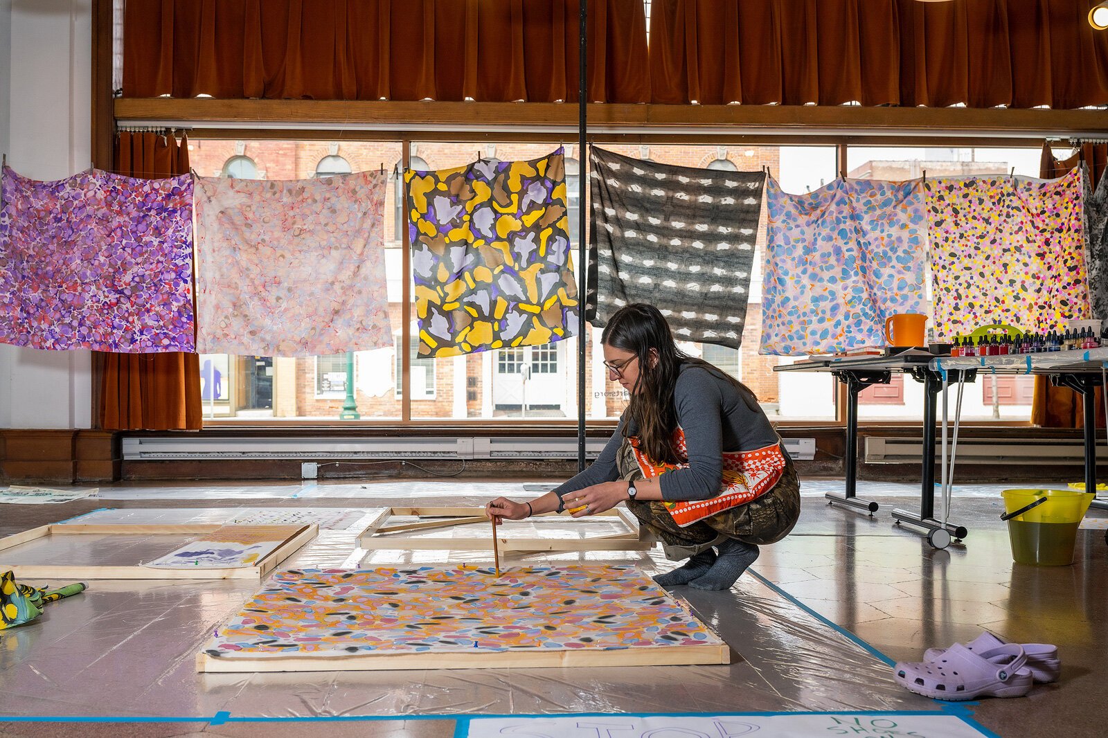 Erin McKenna cloth-dyeing textiles at the Off Center at Riverside Arts Center.