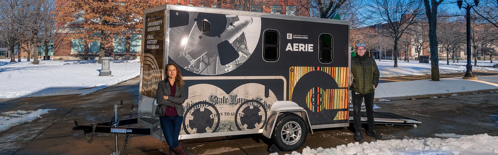 Alexis Braun Marks and Matt Jones with the EMU Aerie mobile recording booth.