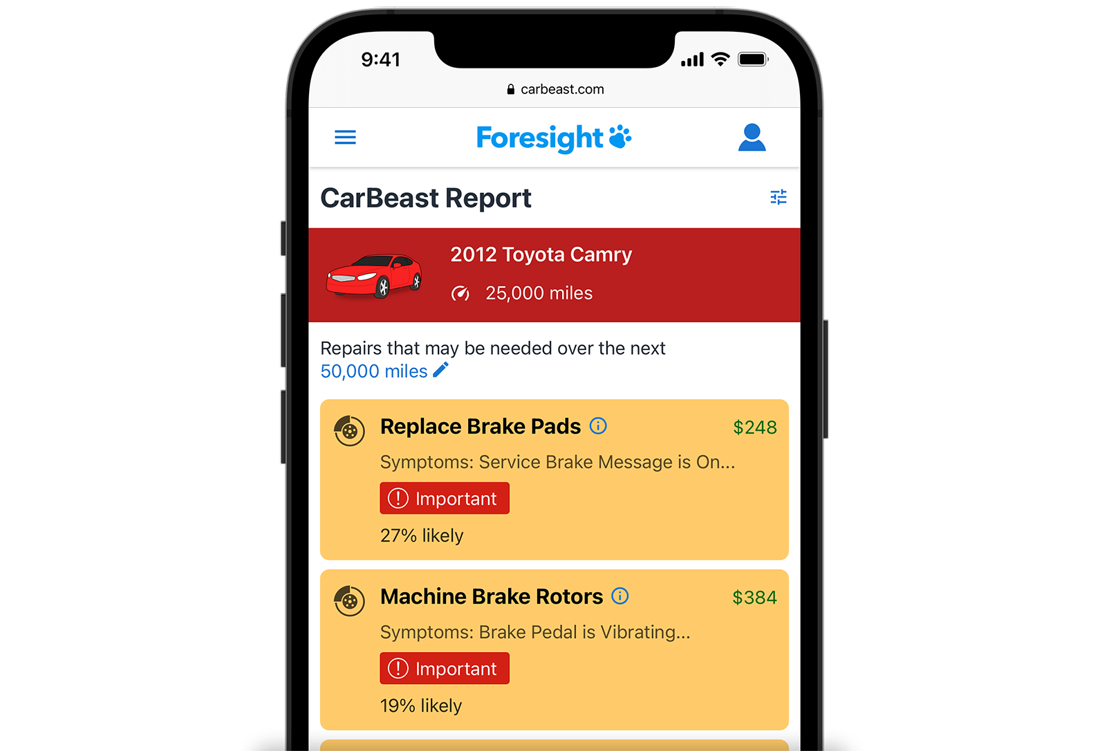 CarBeast Foresight anticipates repairs that your car may need.