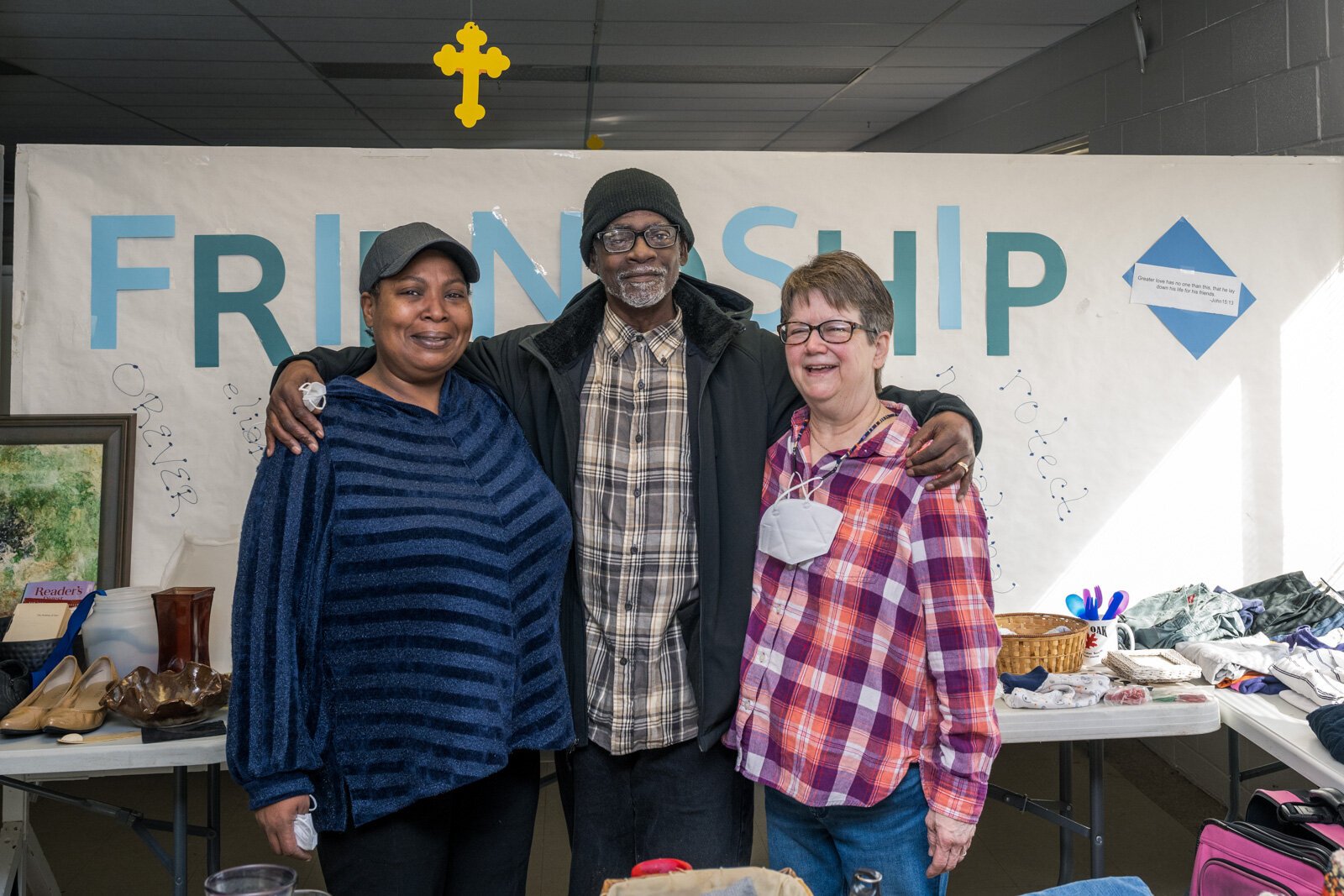 Shonne Draw, Zawadi Draw, and Bunny Arbaugh at Auntie Yvonne's Community Free Store.