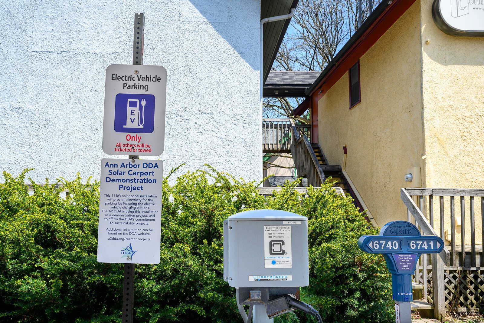 Solar powered EV charging stations at 4th Avenue and Catherine Street in Ann Arbor.