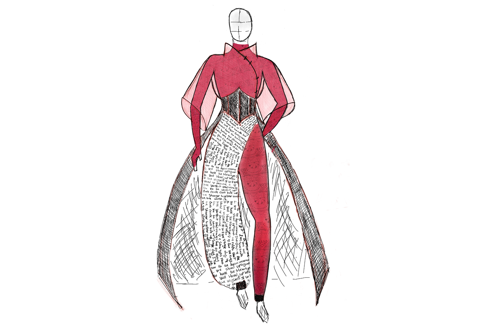 A design for a dress challenging stereotypes of Asian women, created by student Ella Yip.
