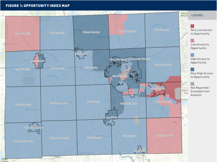 A map from the Washtenaw Opportunity Index ranking areas of the county by their access to opportunity.