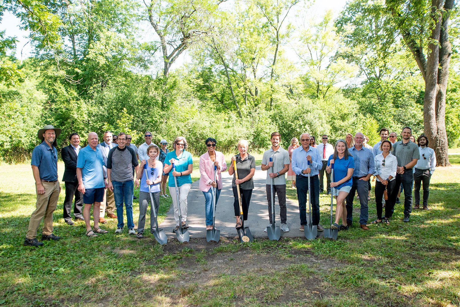 The Washtenaw County Parks and Recreation Commission, the Huron-Clinton Metropark Authority, and the Huron Waterloo Pathways Initiative officially broke ground on a new segment of the B2B Trail at Delhi Metropark on July 14. 
