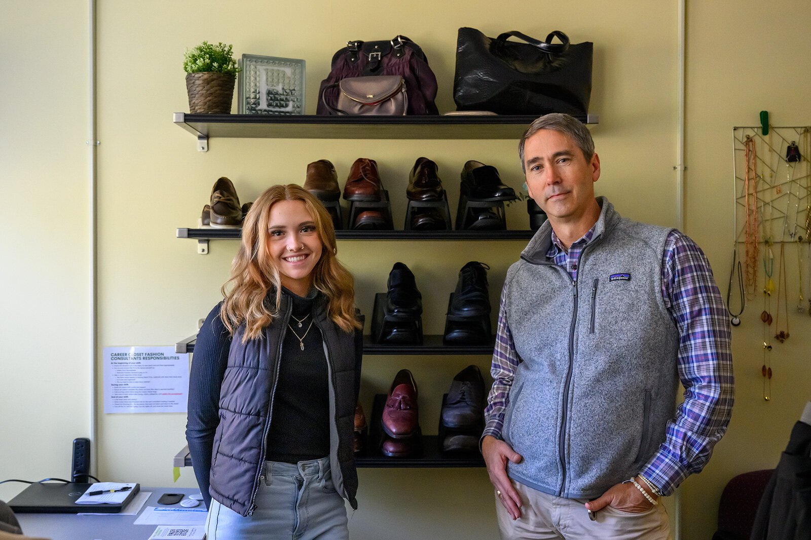 Hannah Smalley and John Carlson at the EMU Career Closet.