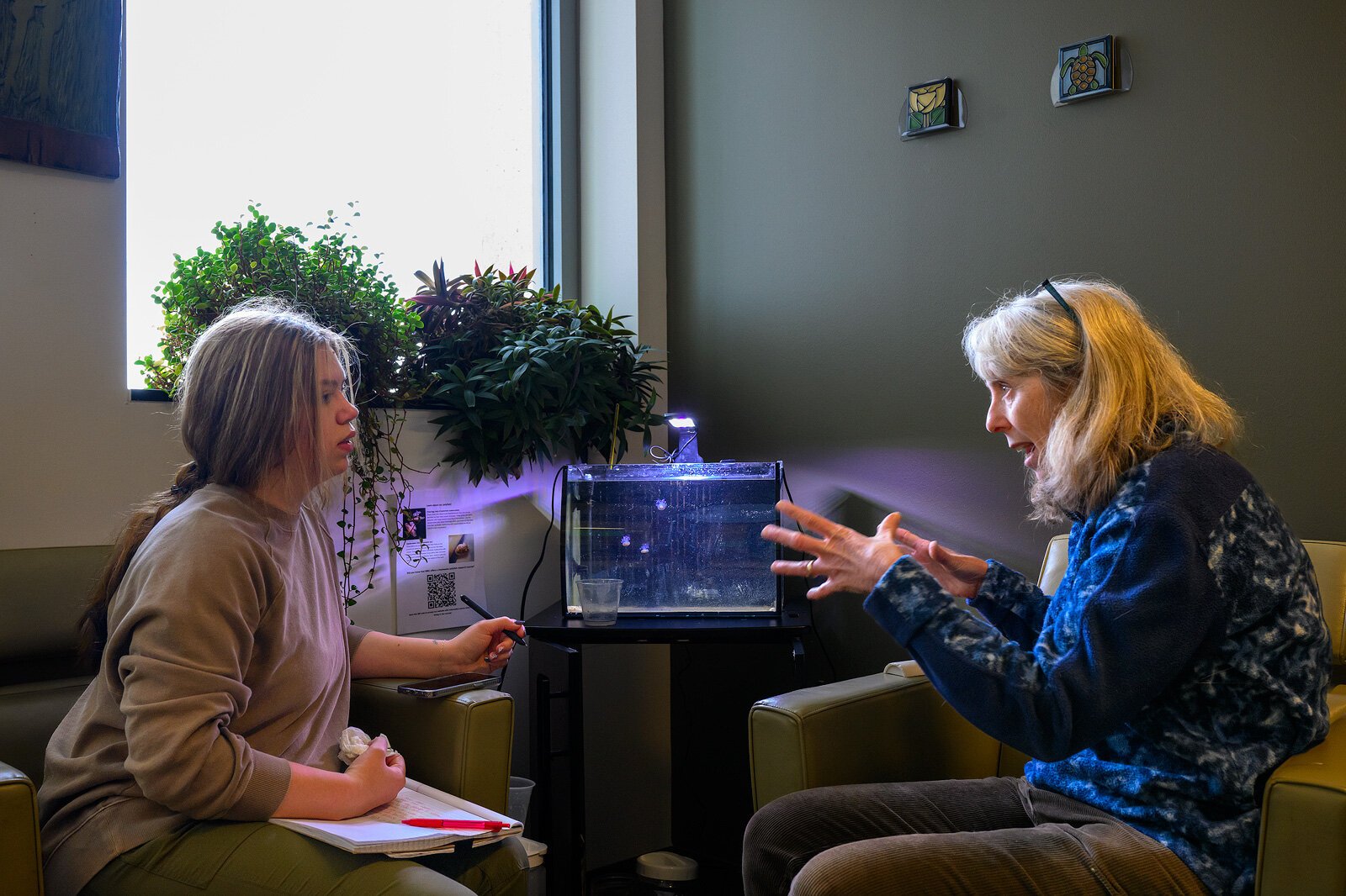 EMU grad student Rachel Koski and Professor Cara Shillington feeding jellyfish.