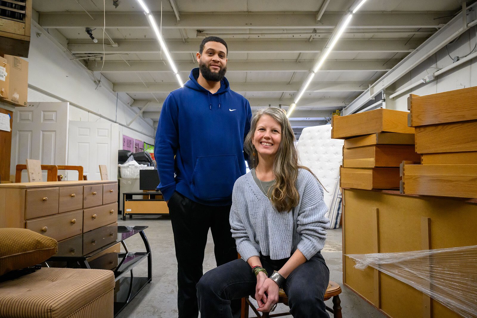 Josh McAllister and Elisa Guyton in the future maker space location at Friends In Deed.