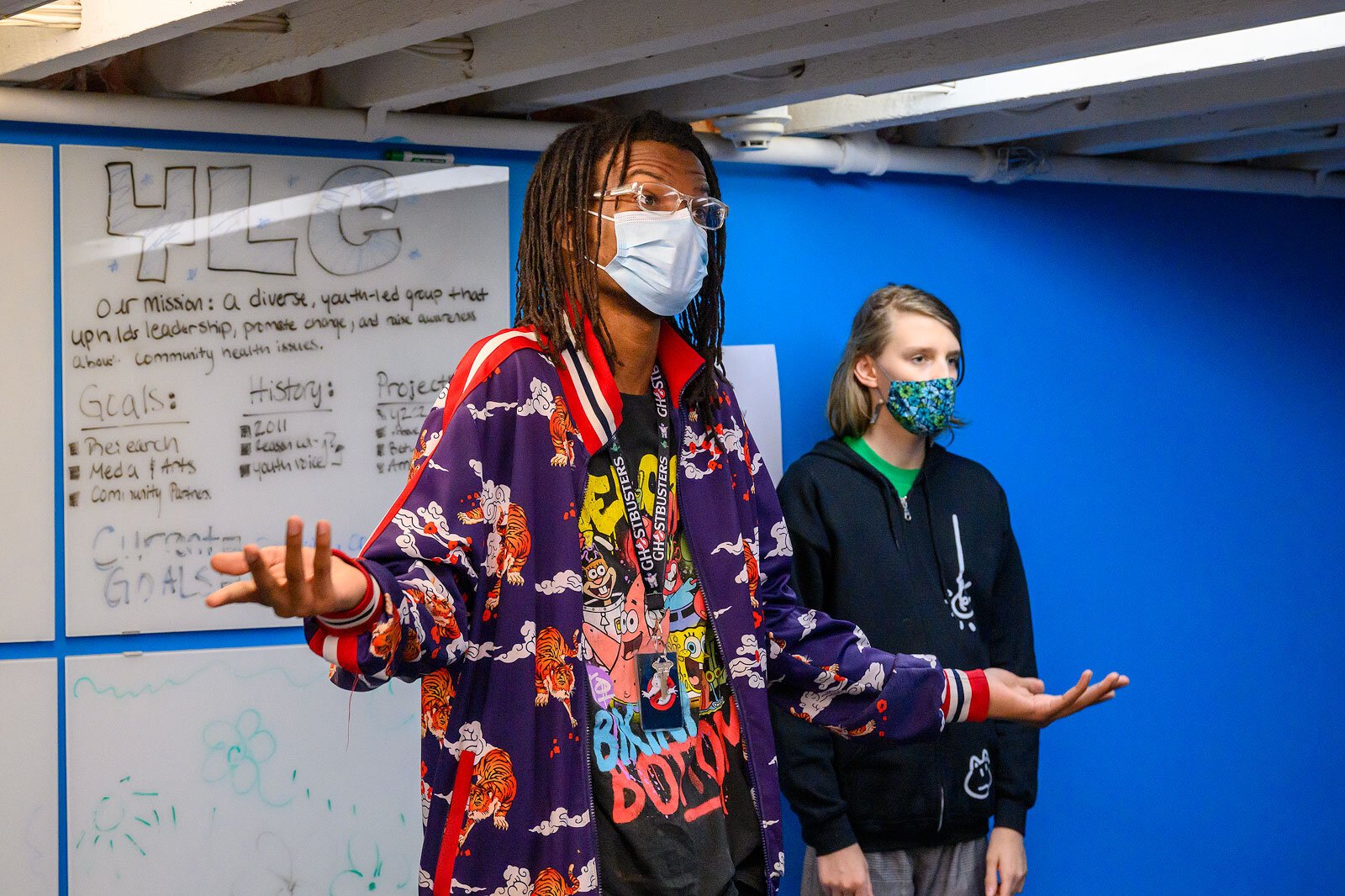 Actors Josiah Jones and Onyx Ellerthorpe rehearse "This Is Real," a short play about mental health, at Corner Health Center in Ypsilanti.