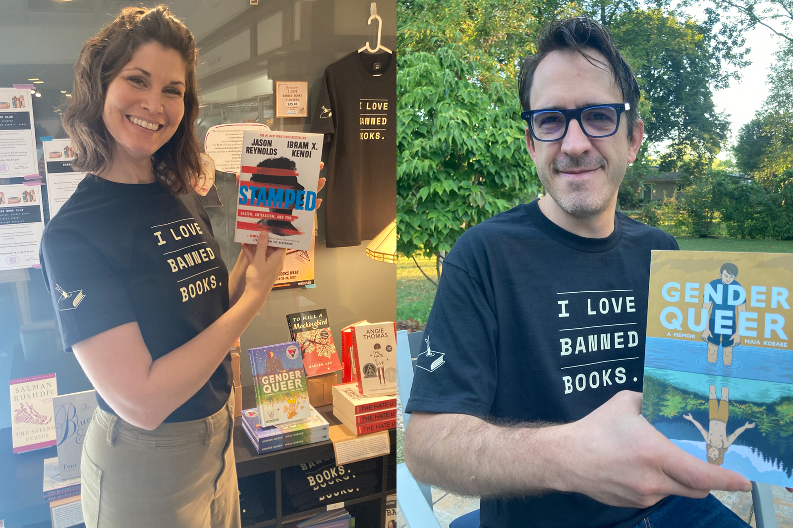 Booksweet owners Truly Render and Shaun Manning holding up banned books.