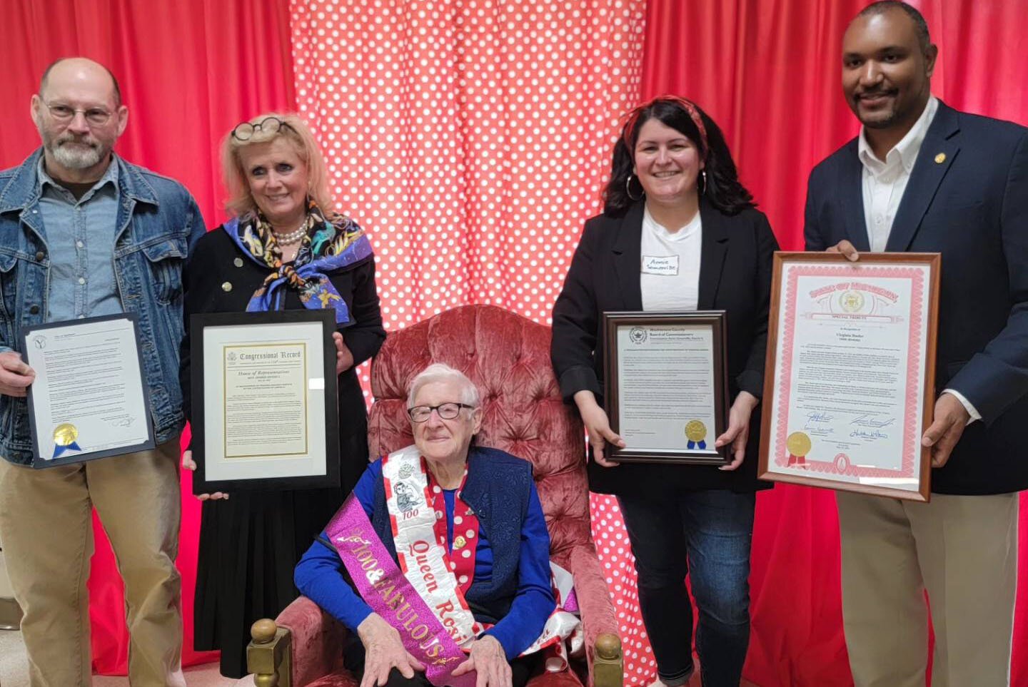 Ypsilanti City Councilman Steve Wilcoxen, U.S. Rep. Debbie Dingell, Virginia Basler, Washtenaw County Commissioner Annie Somerville, and State Rep. Jimmie Wilson Jr. at Basler's 100th birthday party. 