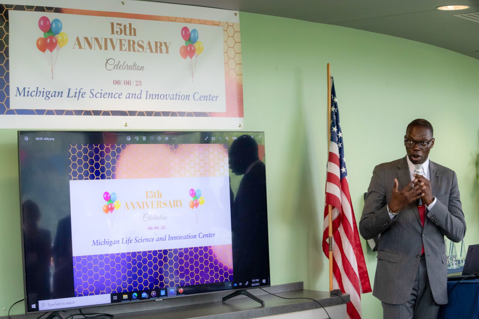 Michigan Lt. Gov. Garlin Gilchrist speaks at Michigan Life Science and Innovation Center's 15th anniversary celebration.