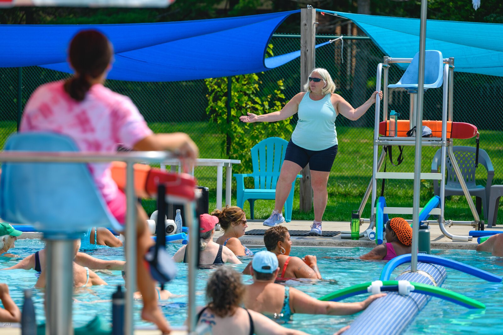Cathy Thorburn leading a water exercise class at Rutherford Pool.
