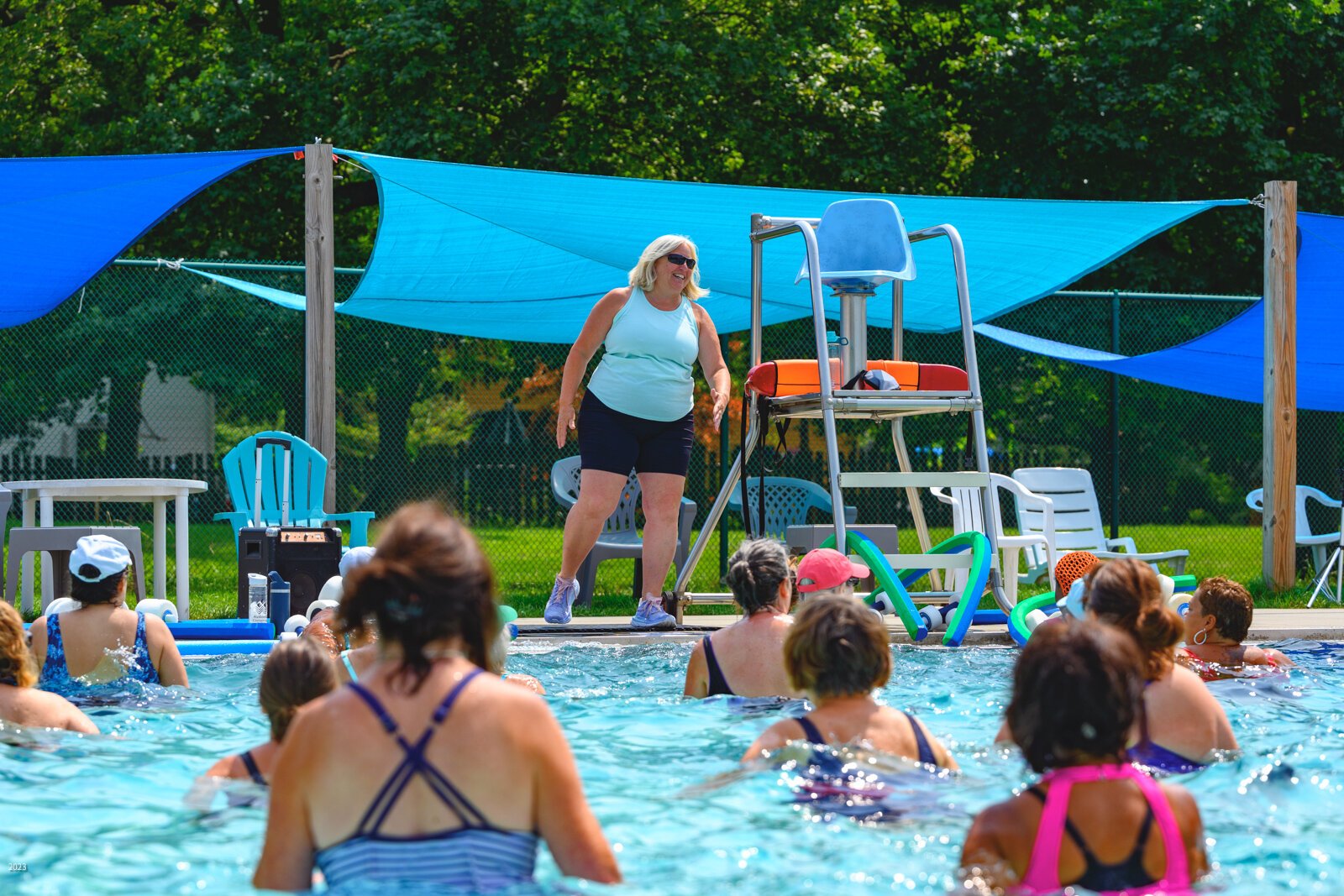 Cathy Thorburn leading a water exercise class at Rutherford Pool.