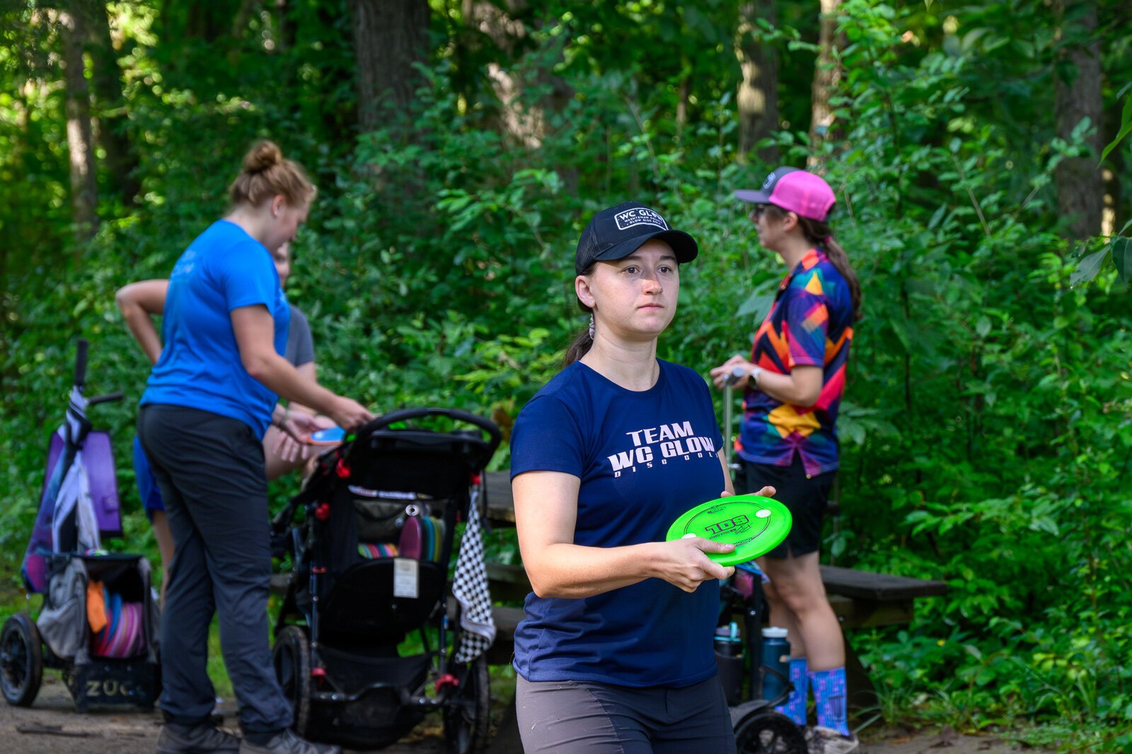Jennifer Trombley and friends playing at Red Hawk Disc Golf Course at Independence Lake County Park.