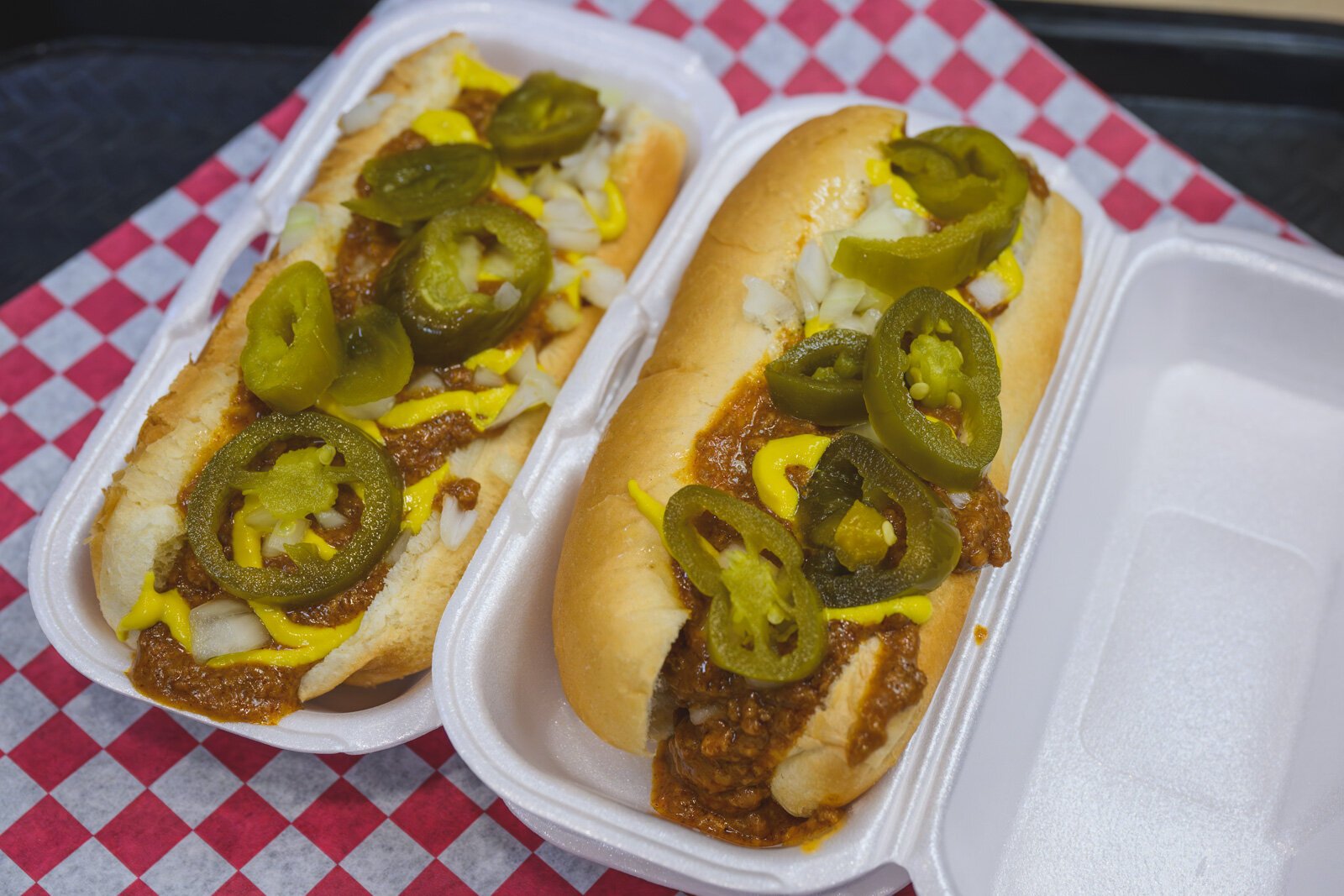 Coney dogs with jalapenos at Speedy's Big Burgers.