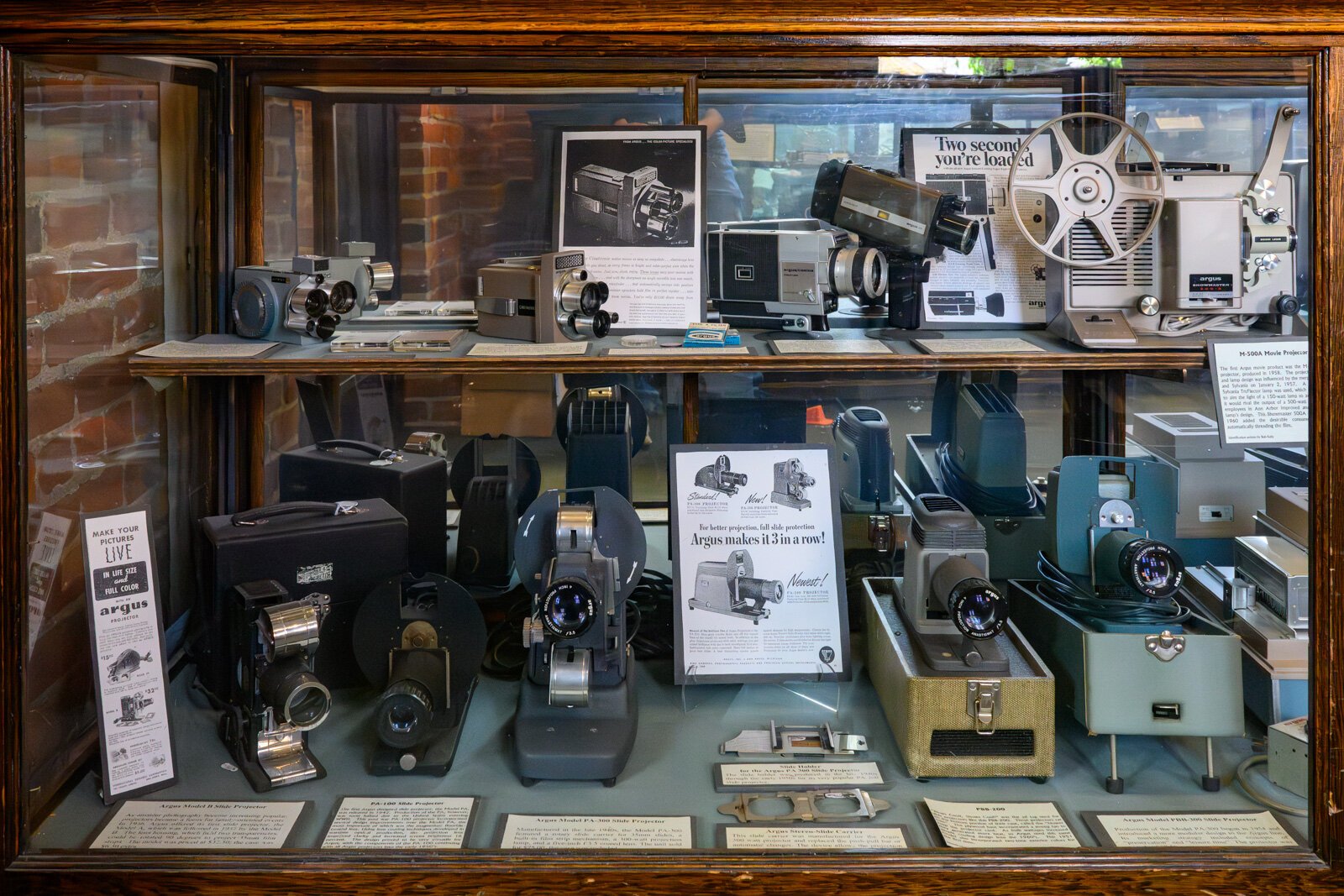 Argus movie cameras, flim projectors, and slide projectors on display at the Argus Museum.