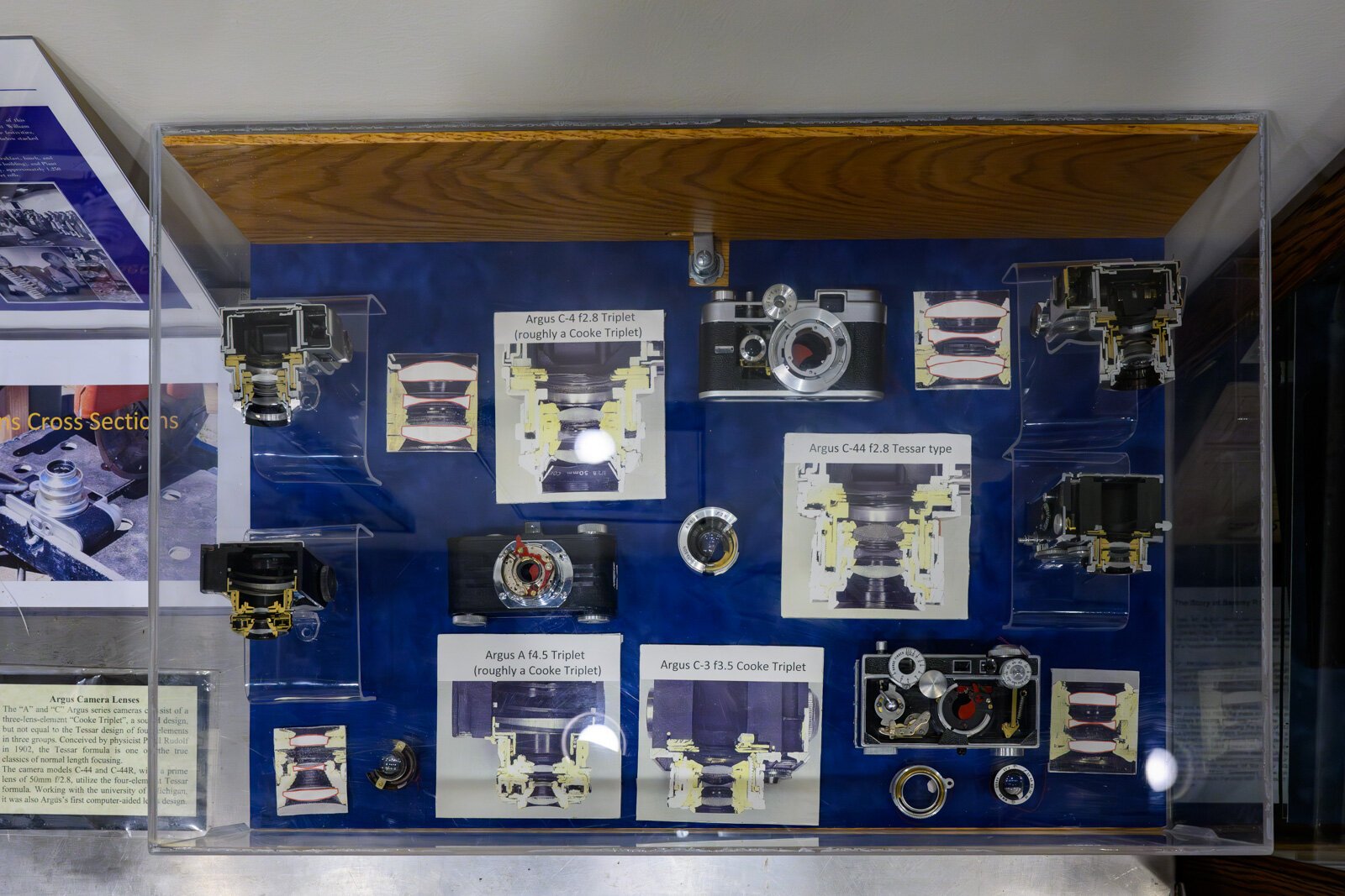 Cutaways of Argus cameras and lenses revealing their design at the Argus Museum.