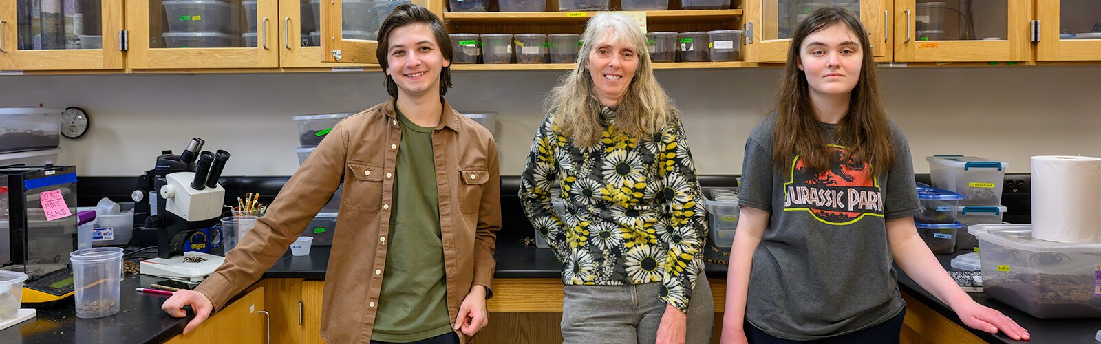 Bradley Allendorfer, Dr. Cara Shillington, and Nicole Zuraw at the EMU tarantula lab.