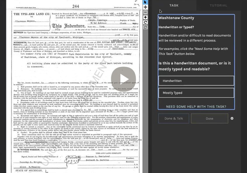 A screenshot of the Zooniverse program that will be used to identify racially restrictive covenants in Washtenaw County.