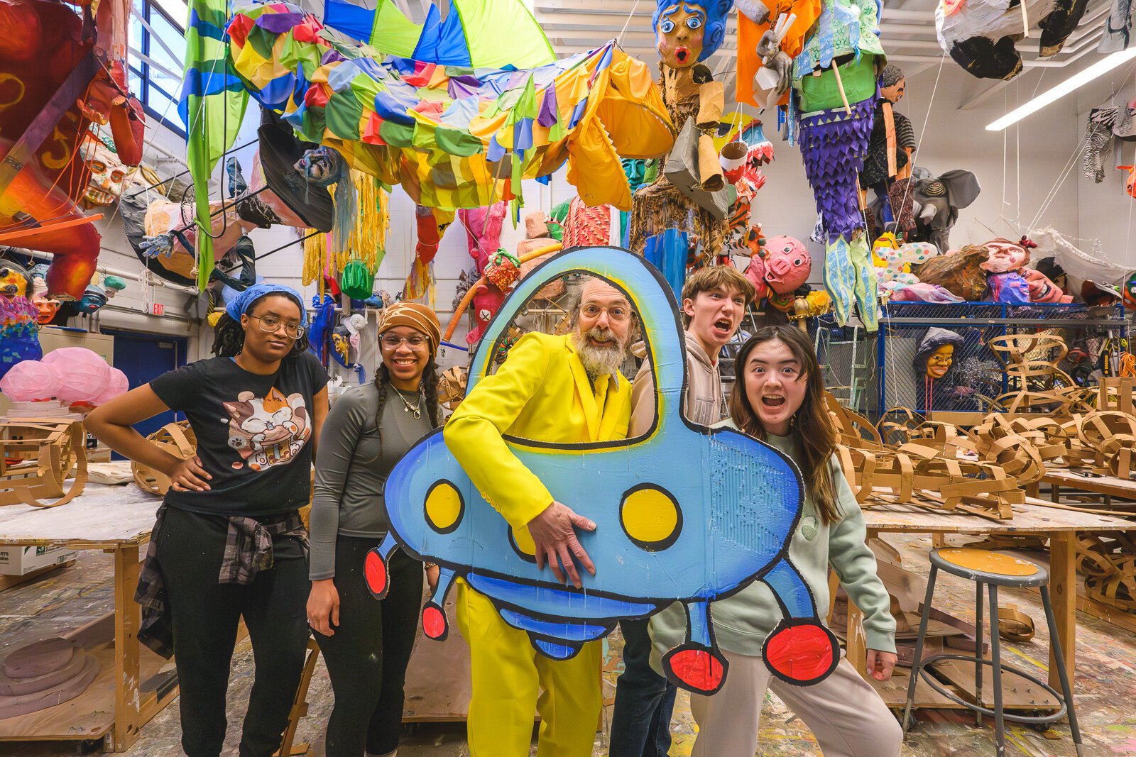 Mark Tucker with students at FestiFools Studio.