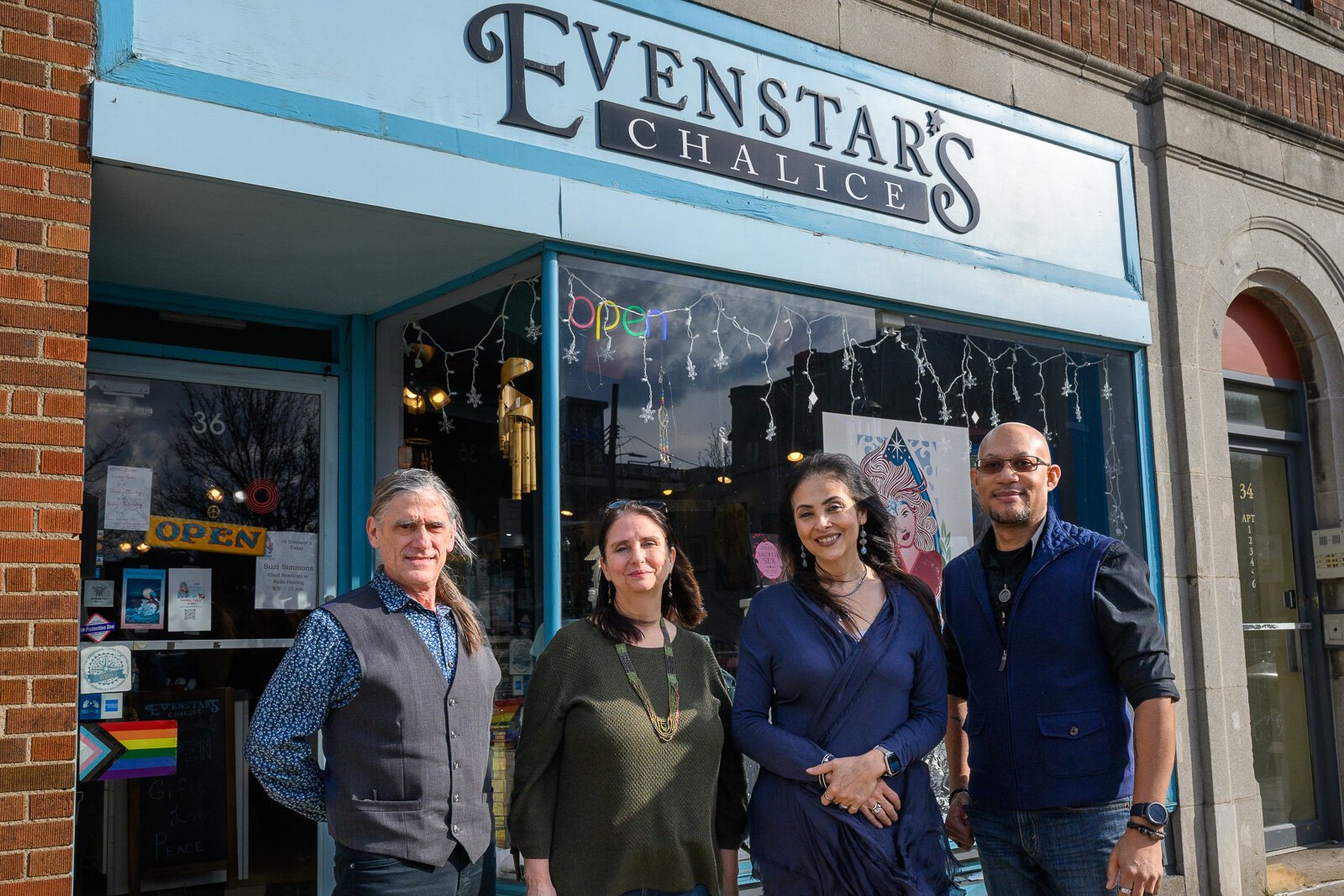 Russ Jones, Mara Evenstar, Moira Payne, and AQuil Dennison at Evenstar's Chalice.