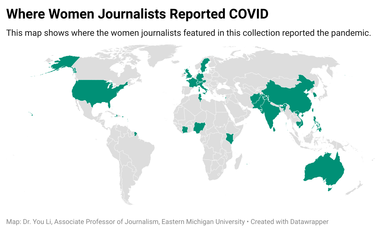 An infographic showing where the women journalists spotlighted in a new oral history archive reported on COVID.