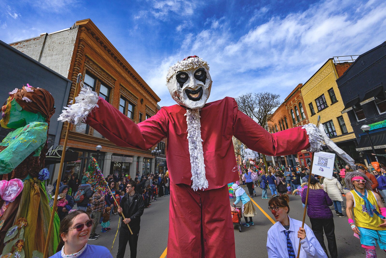 A puppet of Art the Clown from the movie "Terrifier" at FestiFools in downtown Ann Arbor.
