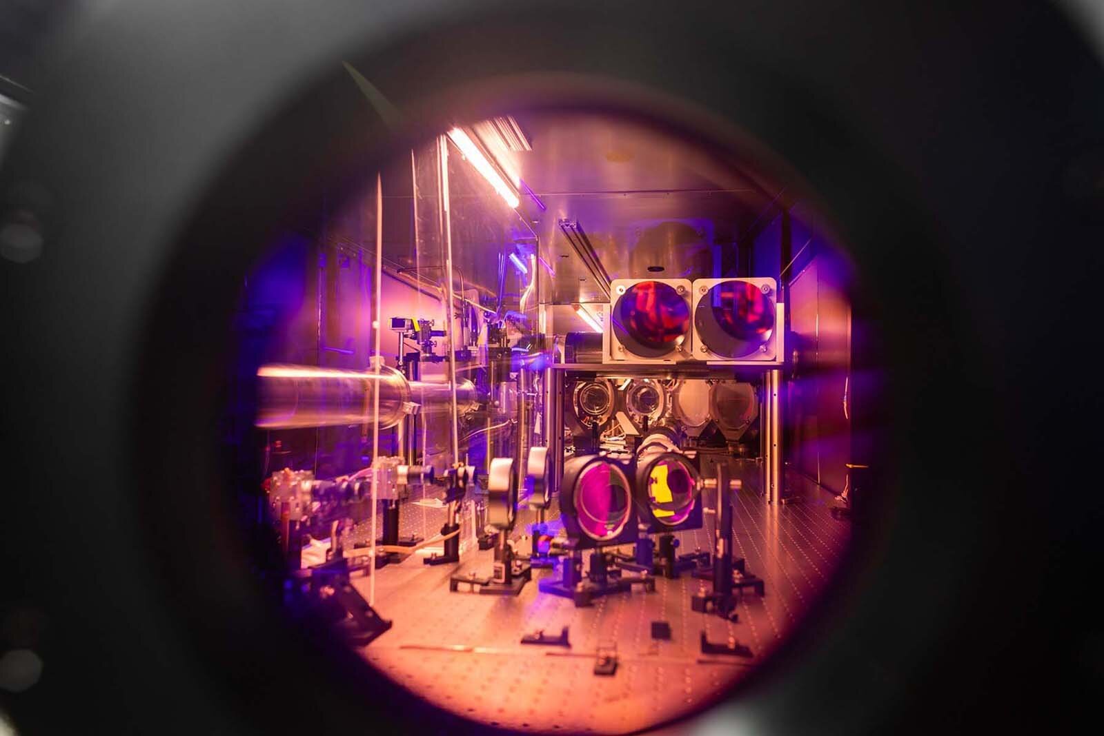 A view through the titanium-sapphire crystal that helps to transfer power into ZEUS’s laser pulses. 