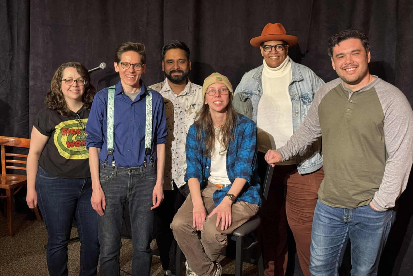 Performers at the first Turtle Cat Comedy show, with organizers Kassandra Frost and Finn St. John at far left.