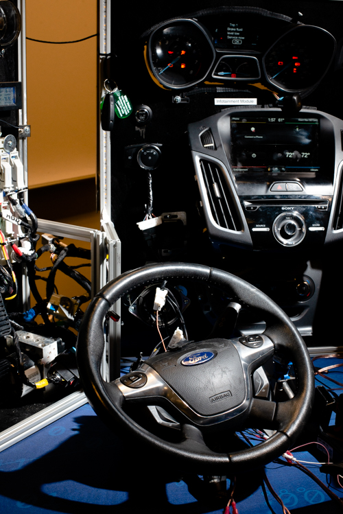 This is the “mobile hacking workbench,” a replica of the communication computers and wiring infrastructure of a modern vehicle, custom-built for Washtenaw Community College.