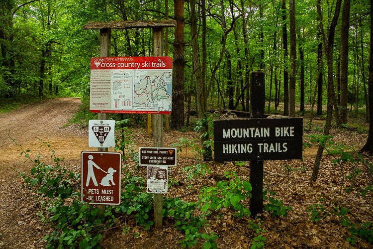 A sign advertising mountain bike trails at Stony Creek.