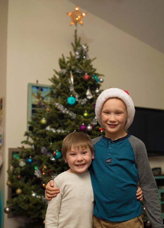 Five-year-old Connor Rudy (left) poses with his older brother Logan, 7, after they finish decorating their Christmas tree. Photo by Sally Rudy Photography.