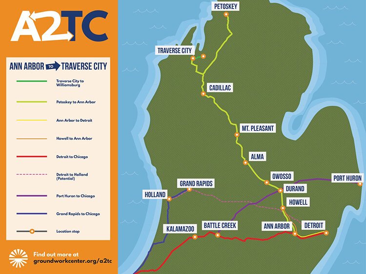 Stops along the Ann Arbor to Traverse City Rail Train. 