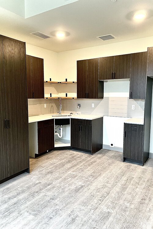 The kitchen in an apartment at Broadway Lofts in Mt. Pleasant, Michigan.