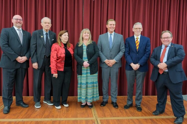 The CMU Media Hall of Fame inducted six members on Saturday, November 4, 2023. Pictured, left to right, are J. Cambell, J. Misiewicz, J. Rich, L. (Gilbert) Smith, D. LewAllen, B. Holey, and Robert Davies, president of Central Michigan University.